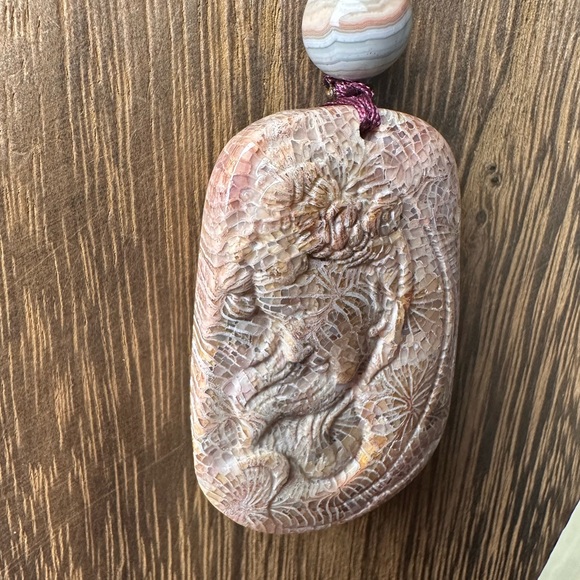 Handcrafted Coral Fossil Lady Pendant Necklace, Botswana Agate on Brown Rope - Picture 9 of 13